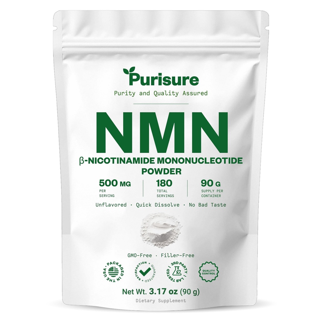 Purisure Pure NMN Powder Nicotinamide Mononucleotide Quick Dissolved NMN Supplement Powder 100% Unflavored NMN Supplement Supports NAD+ Levels Vegan Friendly Non-GMO, 90g