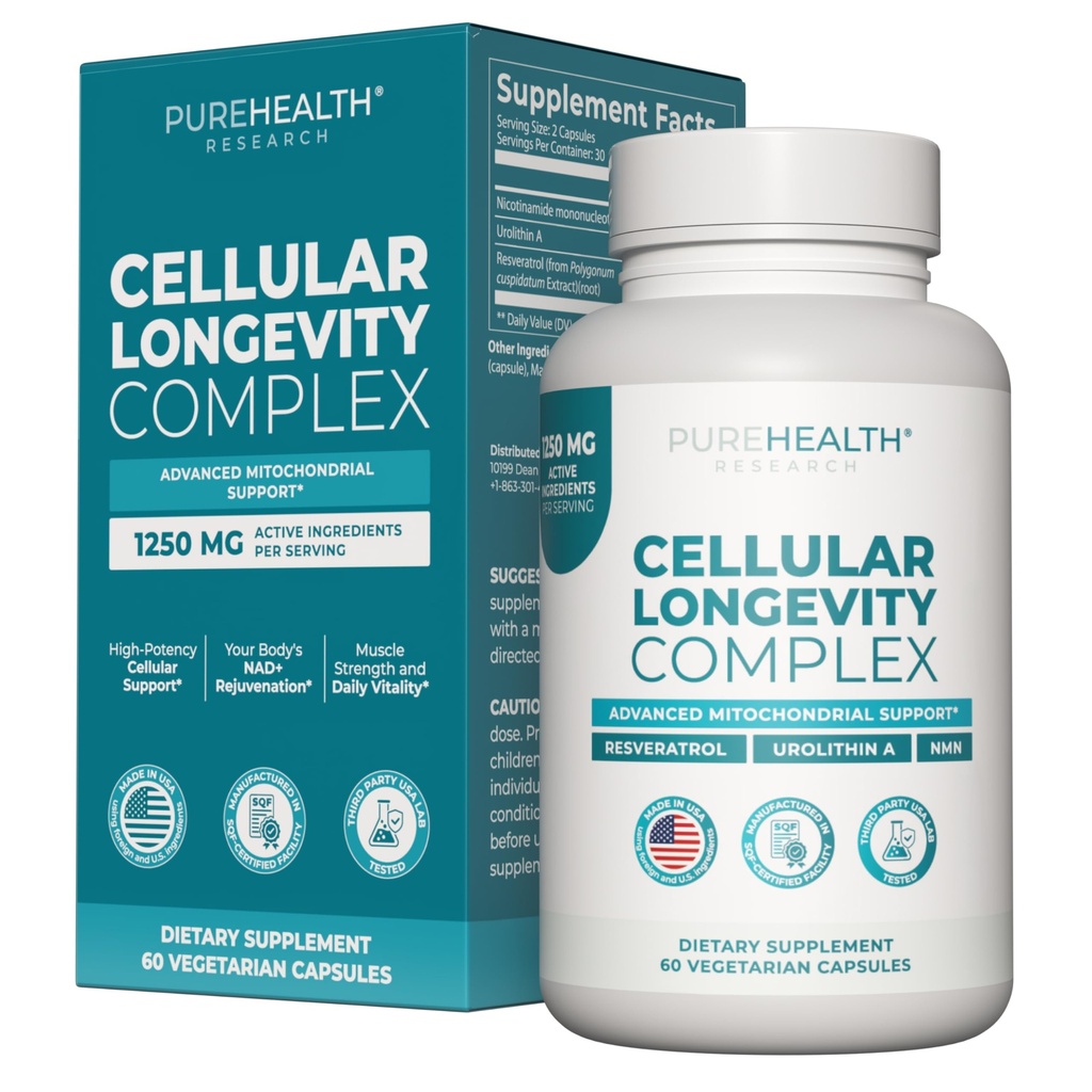 PUREHEALTH RESEARCH Cellular Longevity Complex - NAD+ Supplement Alternative for Healthy Aging, Natural Energy & Longevity for Women & Men - with Urolithin A, NMN & Resveratrol - 60 Capsules