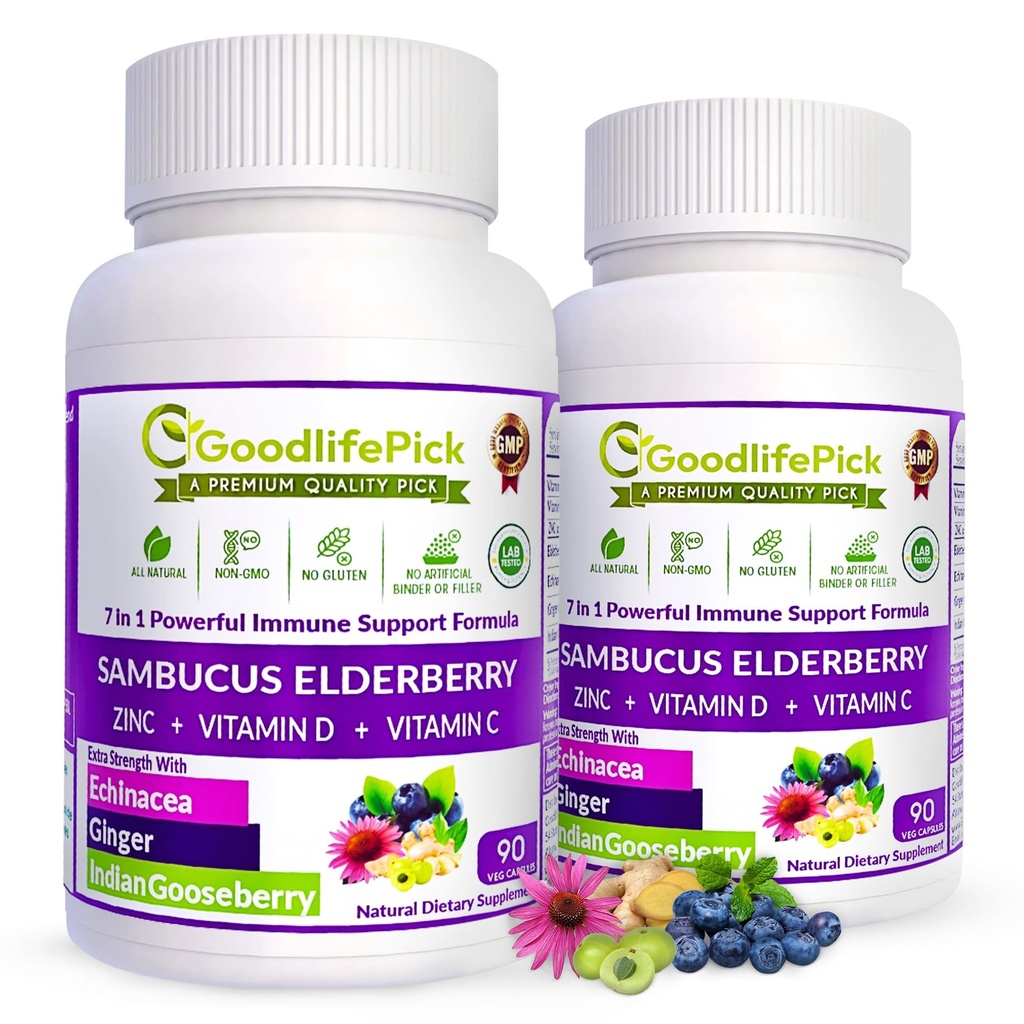 7X Elderberry with ZINC, Vitamin C, Vitamin D, Echinacea, Ginger & Indian Gooseberry (Amla) Premium Capsules 90 ct, All Natural,Vegan,Non-GMO, No Rice Powder, No-Gluten, No Sugar (Pack of 2)