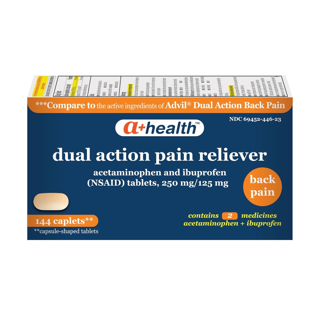 A+Health Dual Action Back Pain, Acetaminophen 250mg and Ibuprofen 125mg Caplets, Pain Reliever, 144 Count, Contains 2 Medicines in 1 Caplet, Up to 8 Hours of Pain Relief