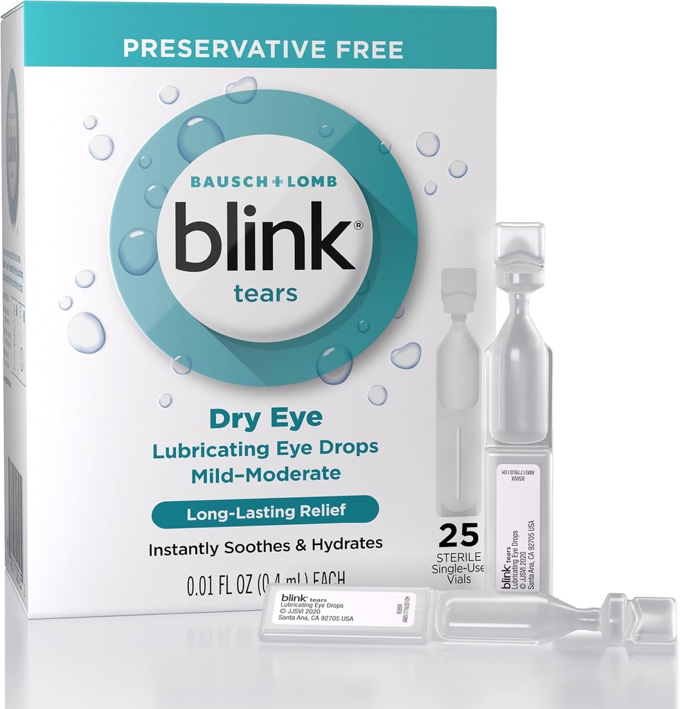 Blink Δάκρυα Λιπαντικές σταγόνες ματιών Διατηρητικά Δωρεάν, Ενυδατική & Καταπραϋντική για Ήπια σε Μέτρια ξηροφθαλμία, με Υαλουρονικό, Μειώνει τη δυσφορία, Μακροχρόνια Ενυδάτωση, 0, 01 Φιαλίδια μιας χρήσης, 25 Μέτρα