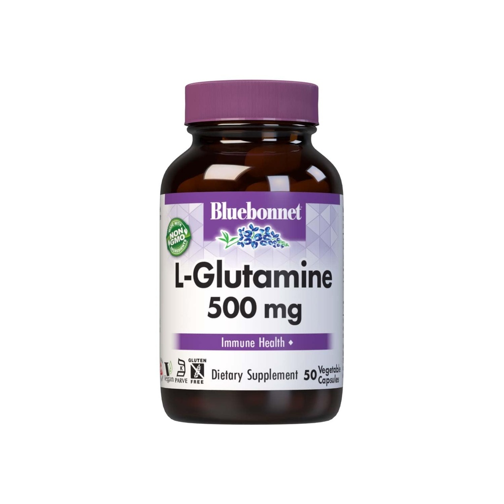 Bluebonnet Nutrition L-Glutamine 500mg, υποστηρίζει ανοσοποιητική λειτουργία, μεταφορέας αζώτου, χωρίς σόγια και γλουτένη, μη GMO, Kosher Certified, Vegan, 50 κάψουλες λαχανικών, λευκό, 50 Count
