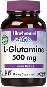 Bluebonnet Nutrition L-Glutamine 500mg, υποστηρίζει ανοσοποιητική λειτουργία, μεταφορέας αζώτου, χωρίς σόγια και γλουτένη, μη GMO, Kosher Certified, Vegan, 50 κάψουλες λαχανικών, λευκό, 50 Count