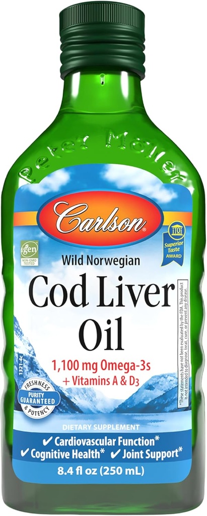 Carlson - Cod Liver Oil 1100 mg Omega-3s Plus Βιταμίνες A & D3 - Wild Caft EPA DHA Omega 3 Συμπλήρωμα - Νορβηγική Αρκτική, Αειφόρα πηγάζει Nordic Fish Oil Liquid, Unflaved, 250 mL (8.4 Fl Oz)