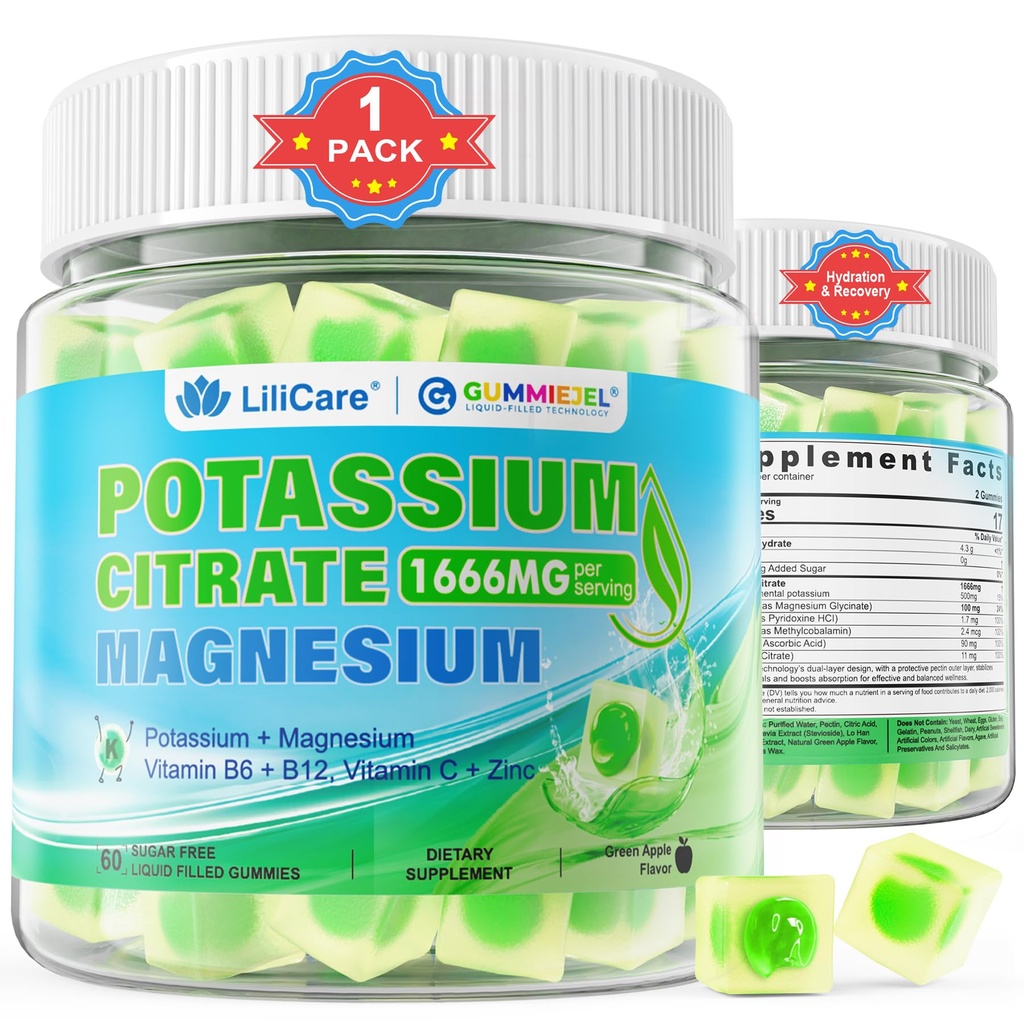 Potassium Citrate 1666mg Gummies + Magnesium Glycinate + Zinc, Potassium Supplement for Adults Women Men, Sugar Free Electrolyte Balance Gummies w/B6, B12 & C for Hydration, Leg Cramps & Energy, 60Cts