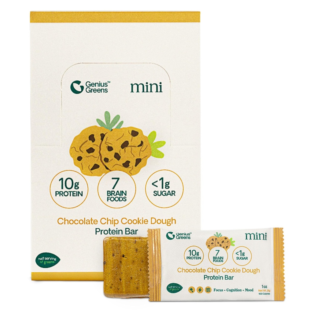 GENIUS GREENS High Protein Bars Low Sugar - Less than 1g of Sugar Protein Bars, Low Carb, Gluten Free - 36% Protein (10g) - 7 Brain Foods - Support Brain Health - Memory - Focus - Contains Lions Mane Mushroom - Green Blend - Turmeric - Genius Greens On-The-Go-Snack - Chocoalte Chip Cookie Dough 1oz. 12 Count