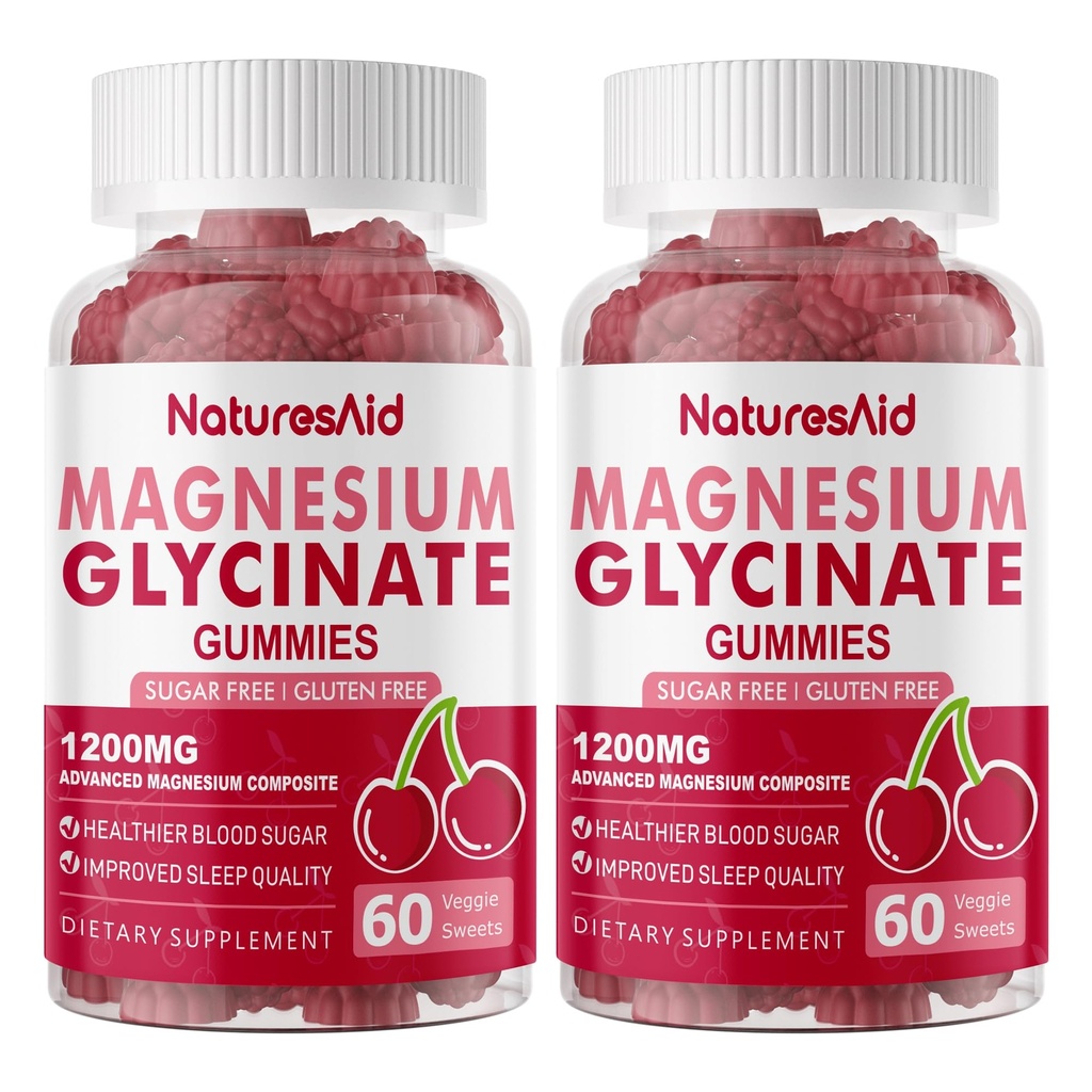 Μαγνήσιο Γλυκινικό Gummies 1000mg - Συμπλήρωμα μαγνησίου χωρίς ζάχαρη με βιταμίνη D, B6, CoQ10 για υποστήριξη ηρεμίας & ύπνου - 120 Cherry Gummies -2 Pack.
