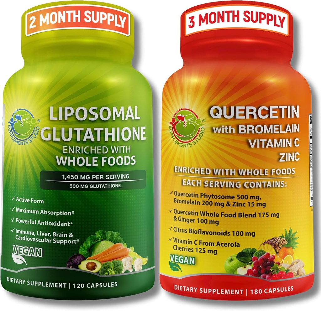 Λιποσωμική Γλουταθειόνη 500mg & Quercetin με Bromelain, Ψευδάργυρο, και Βιταμίνη C – Αντιοξειδωτική & Ανοσολογική Υποστήριξη Δέσμη με Βιολογικές Ολόκληρες Μείξεις Τροφίμων – Vegan, Μη ΓΤΟ Αναπνευστική Φόρμουλα Υγείας