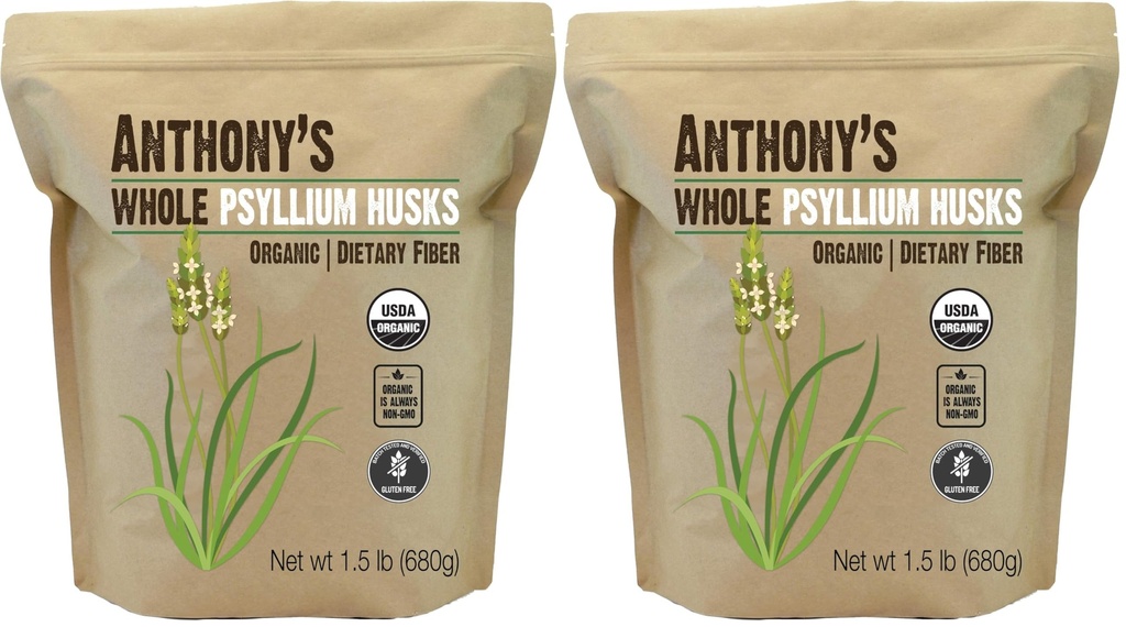 Anthony's Organic Whole Psyllium Husks, 1.5 lb, Dietary Fiber, Gluten Free, Non GMO, Keto Friendly (Pack of 2)