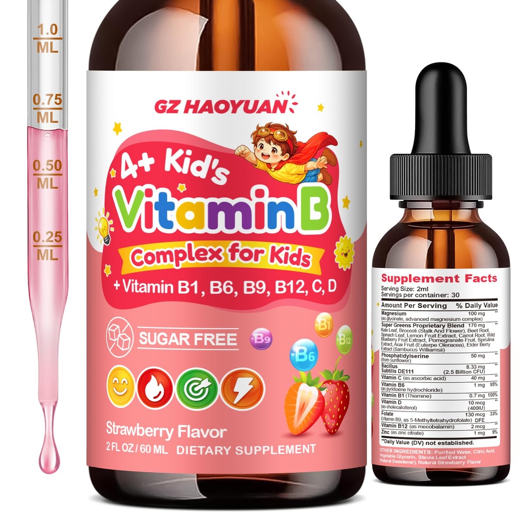 Vitamin B Complex for Kids with B1, B6, B9, B12 & Magnesium, Super Greens, Kids B Complex Supplement for Brain Support, Energy & Focus, Digestive Gut & Immune Support, Strawberry Flavor, 2 fl oz