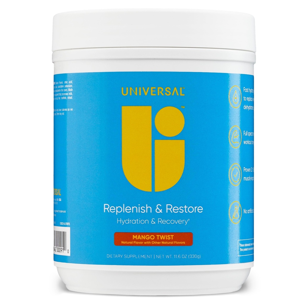Universal U Replenish & Restore Powder, Hydration & Recovery, Προάγει την αποκατάσταση και την ανάπτυξη μυών, συνήθεια Dosing, L-Lysine, L-Glutamine, L-Tryptophan, Χωρίς Τεχνητές Γεύσεις, 30 εξυπηρετήσεις (Mango Twist)