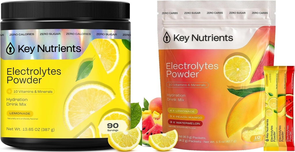 KEY NUTRIENTS Electrolytes Powder Bundle, Lemonade 90 Servings + Electrolyte Powder Packets Variety Pack 10 Count, Sugar Free Hydration Drink Mix with Vitamins & Minerals, No Calories