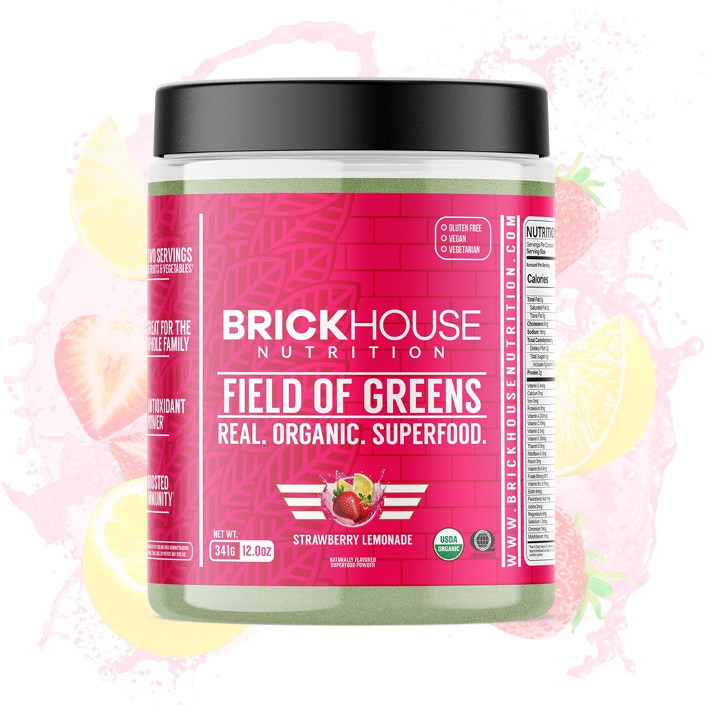 BRICKHOUSE NUTRITION Field of Greens Super Greens Powder | Doctor-Formulated Superfood Powder, Fruits & Veggies Supplement - Strawberry Lemonade (Single Pack)
