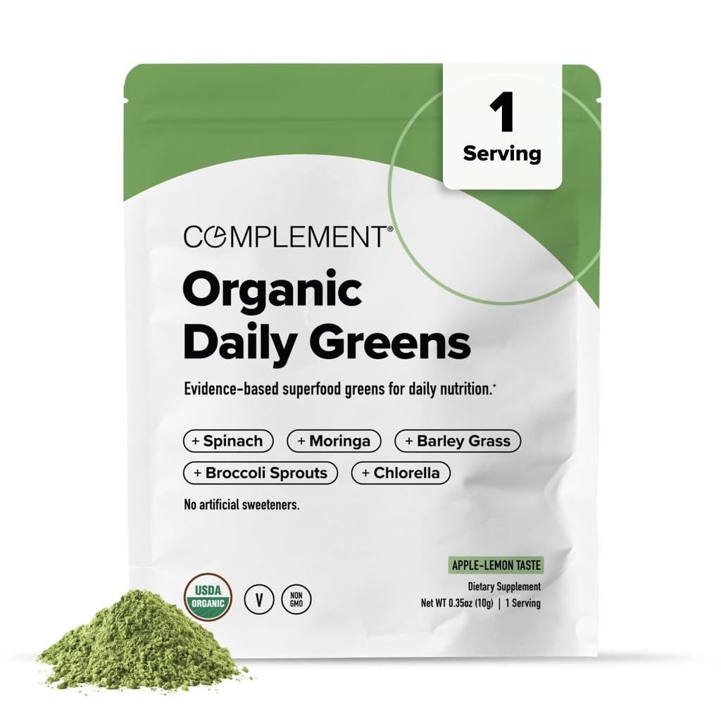 COMLEMENT Daily Greens Powder Superfood - Organic Fiber Supplement with Chlorella, Barley Grass, Broccoli Sprouts - Fiber Powder for Immune Support, Brain Health, Detox - 1 Serving Sample