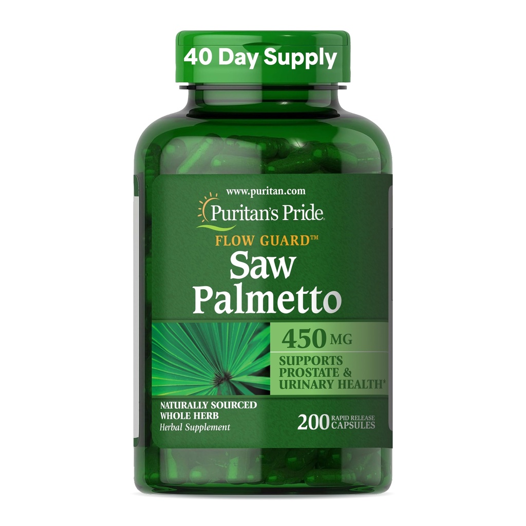 Puritan's Pride Flow Guard™ Saw Palmetto Extract 450mg, Natural Whole Herb Traditional Herbal Dietary Supplement for Mens Prostate and Urinary Health Support, 200 Rapid Release Capsules