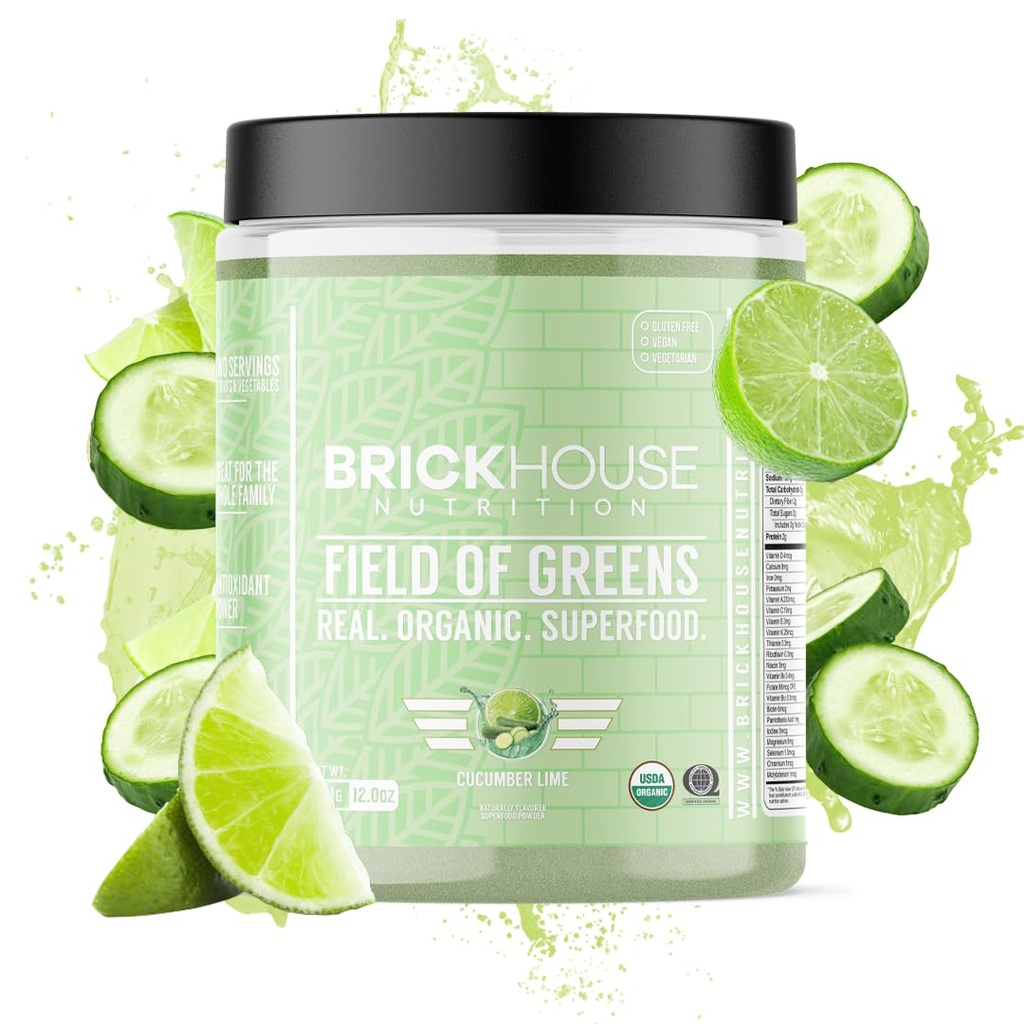 BRICKHOUSE NUTRITION Field of Greens Super Greens Powder | Doctor-Formulated Superfood Powder, Fruits & Veggies Supplement - Cucumber Lime (Single Pack)