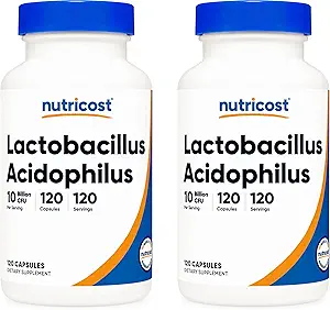 Nutricost Lactobacillus Acidophilus 10 Δισεκατομμύρια CFU, 120 κάψουλες Veggie - Probiotic (2 φιάλες)