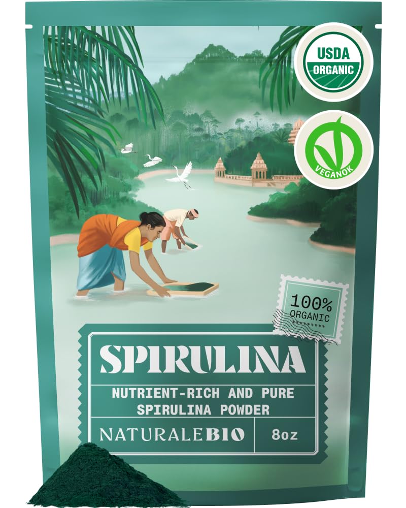 NaturaleBio Spirulina Powder Organic 8 oz. Natural and Raw Spirulina Algae Powder. Vegan and Pure. Cultivated in India in Tamil Nadu. Ideal for Drinks, Smoothies and Recipes.
