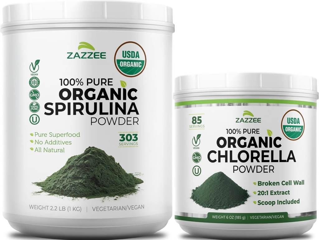 Zazzee USDA Organic Spirulina and Chlorella Powder | Organic Greens Superfood Bundle with Broken Cell Wall Chlorella (6oz) Plus Raw Spirulina Algae (35oz) | Non-GMO Vegan & ISO Lab Tested