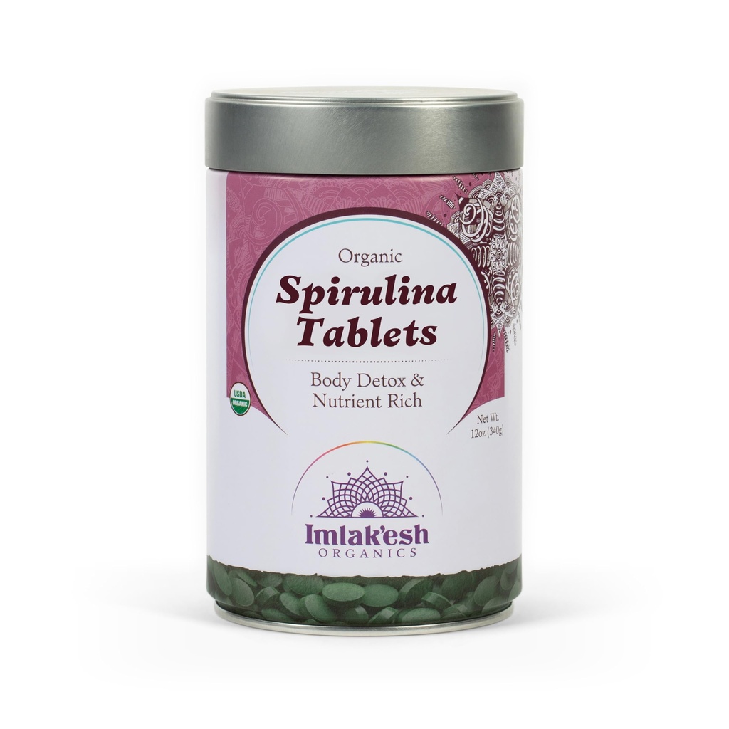 Imlakesh Organics Spirulina Tablets - Heirloom Superfood, Grown in South America, Energy, Detox, Focus, Plant-Based Protein, Vitamin B12, Vegan, Keto, Gluten-Free (12oz Metal Jar, 68 Servings)