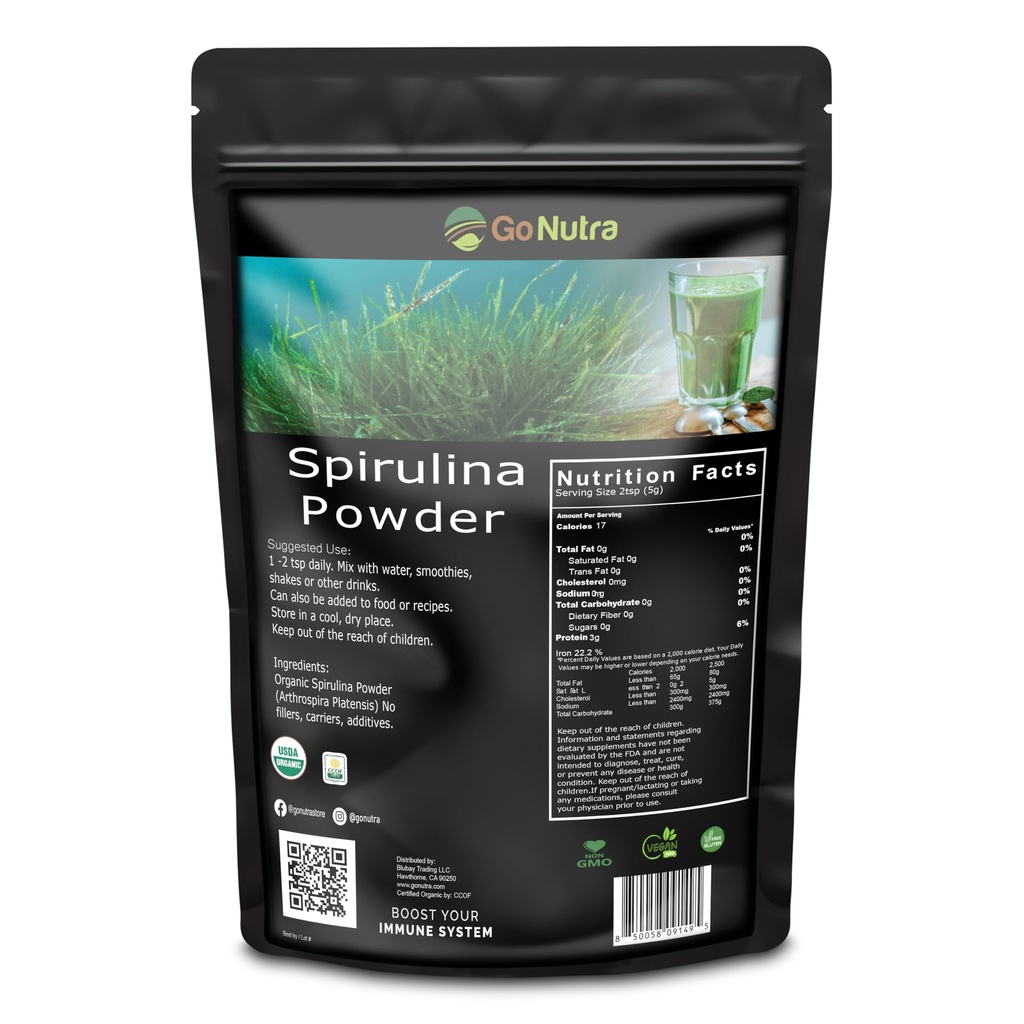 Go Nutra Spirulina Powder Organic | Pure Non GMO Superfoods for Antioxidant, Minerals, Fatty Acids, Fiber & Protein | Vegan Friendly (1 lb. (16 oz.))