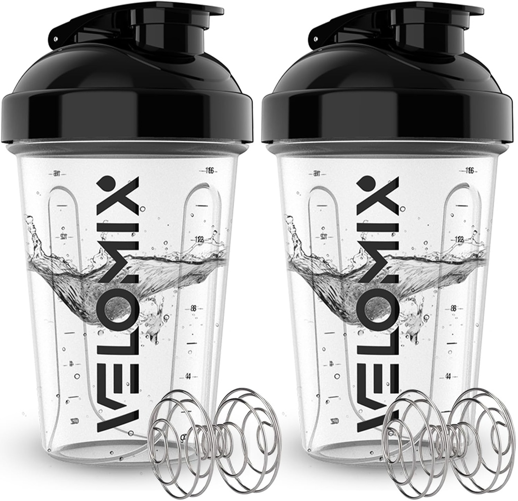 VELOMIX -2 Pack- 20 oz Protein Shaker Bottles for Protein Mixes - 2x Wire Whisk | Leak Proof Shaker Cups for Protein Shakes and Pre Workout | Protein Shaker Bottle Pack (Clear Prime)