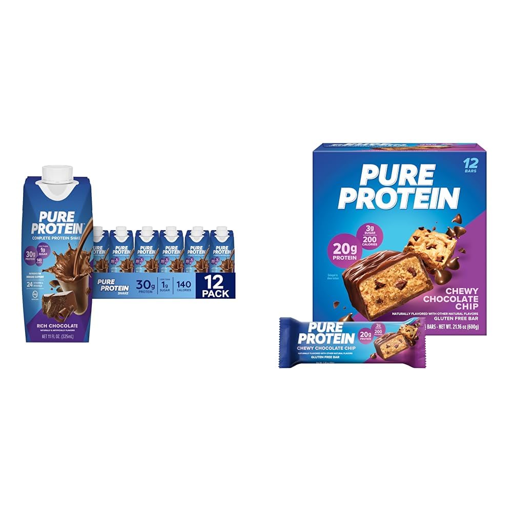 Pure Protein Chocolate Protein Shake 30g Protein, 12 Pack and Pure Protein Chewy Chocolate Chip Bars 20g Protein, Pack of 12