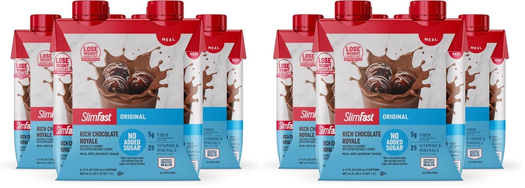 SlimFast Meal Replacement Shake, Original Rich Chocolate Royale, No Added Sugar, Meal Replacement Shakes, 10g Ready to Drink Protein, 5g Fiber, 25 Vitamins and Minerals, 11 Fl. Oz, 12 Count