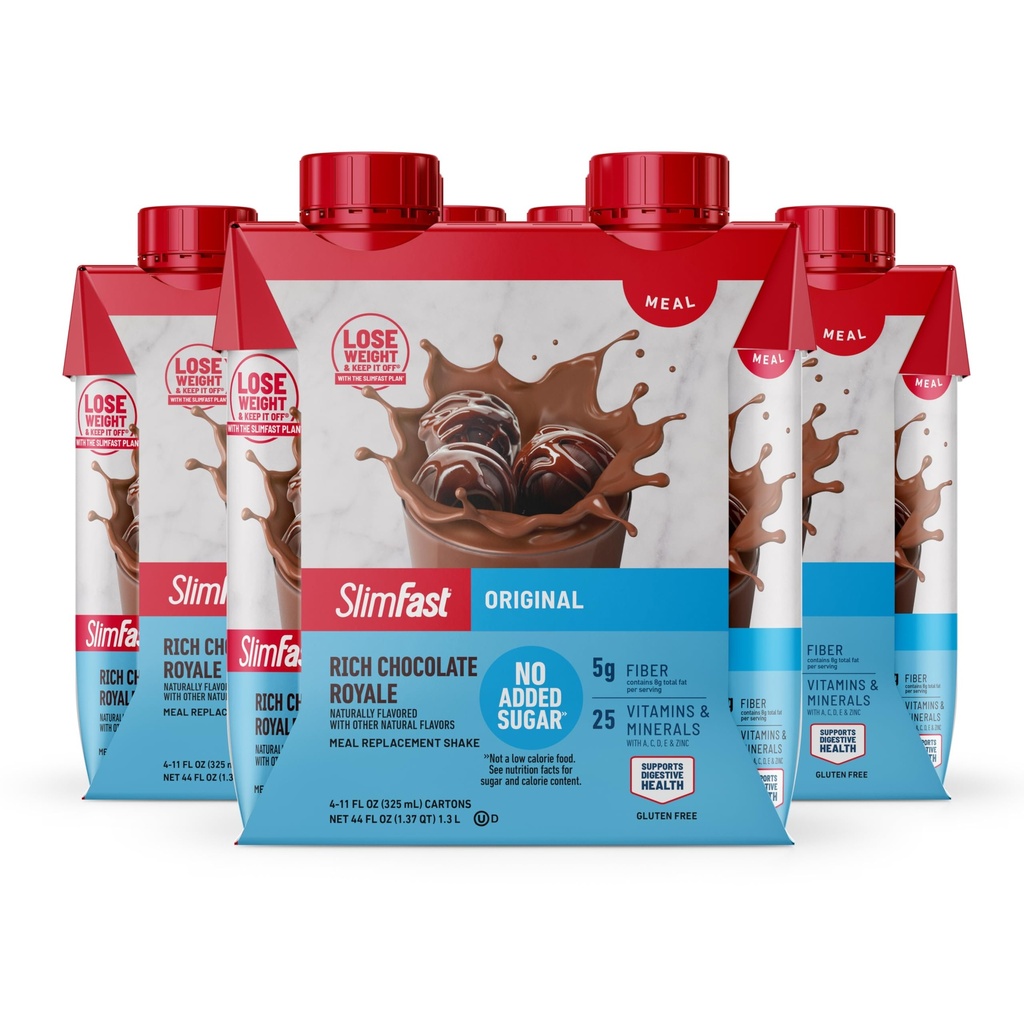 SlimFast Meal Replacement Shake, Original Rich Chocolate Royale, No Added Sugar, Meal Replacement Shakes, 10g Ready to Drink Protein, 5g Fiber, 25 Vitamins and Minerals, 11 Fl. Oz, 12 Count
