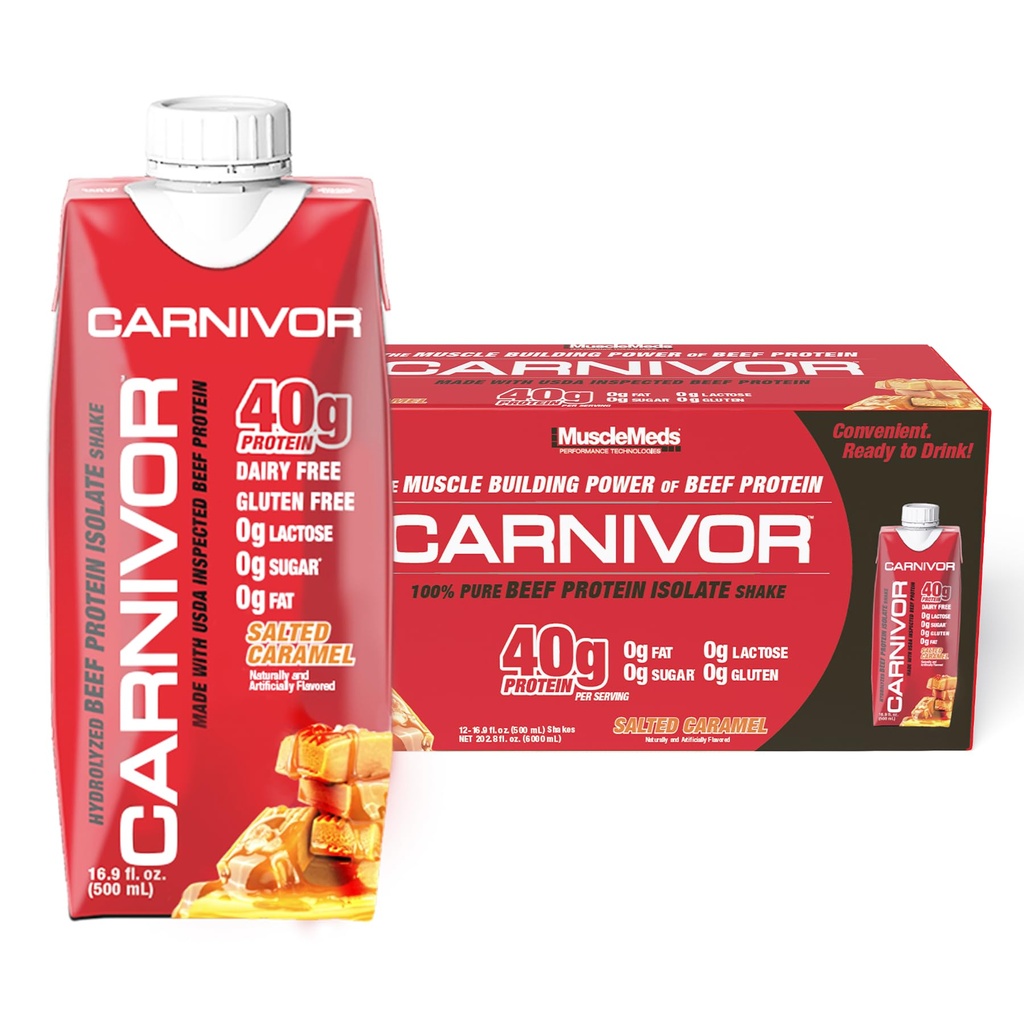 MuscleMeds Carnivor RTD, Ready to Drink Protein, Lactose Free, Sugar Free, 40g Isolate Protein, Muscle Building, Recovery, Halal Certified, Salted Caramel, 16.9 Fl Oz (Pack of 12)