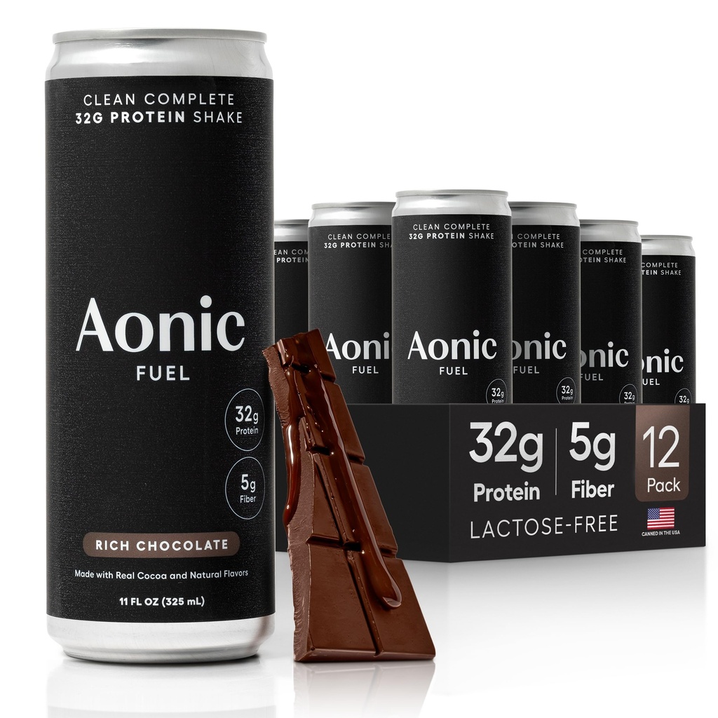 Aonic Fuel 32g Protein Shake, 5g Fiber, Lactose-Free, Complete Amino Acid Profile, No Added Sugar, Made with Real Cocoa, 11 fl oz (Pack of 12) - Rich Chocolate