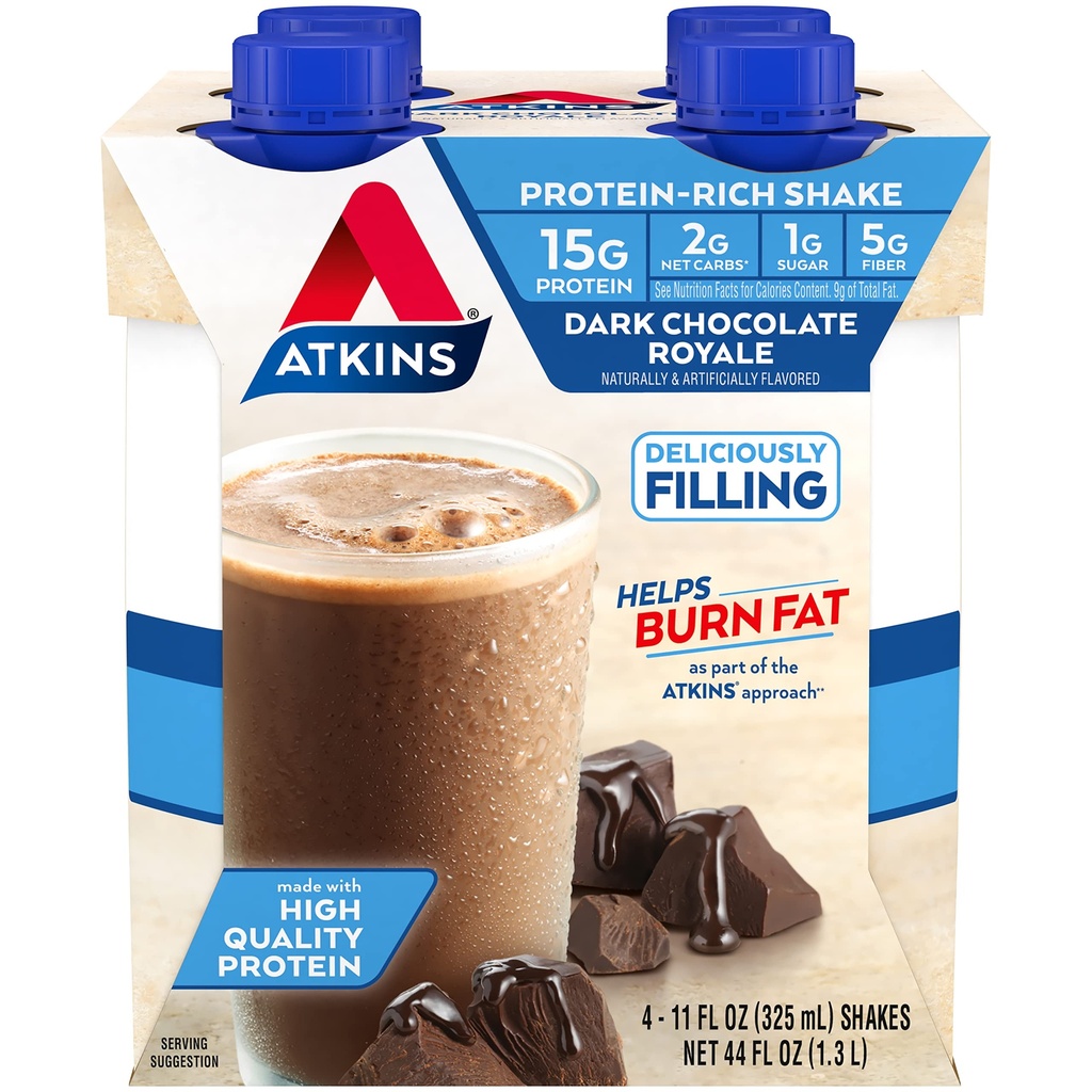 Atkins Dark Chocolate Royale Protein-Rich Shake. Rich and Creamy with Protein. Keto-Friendly and Gluten Free. (4 Shakes), 11 Fl Oz