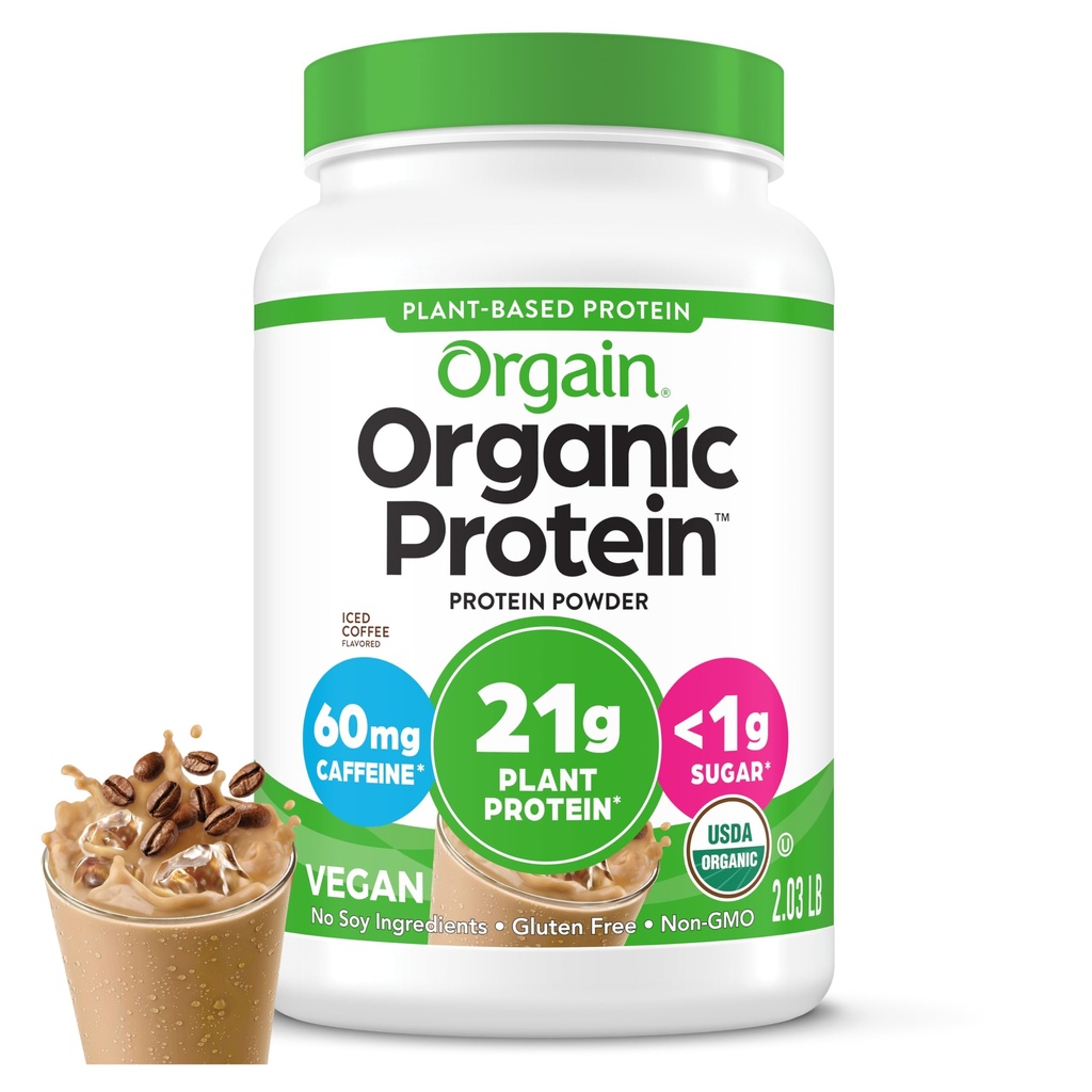 Orgain Organic Vegan Protein Powder, Iced Coffee - 21g Plant Protein, 60mg of Caffeine, Low Net Carb, No Lactose Ingredients, No Added Sugar, Non-GMO, for Shakes & Smoothies, 2.03 lb (Pack of 12)