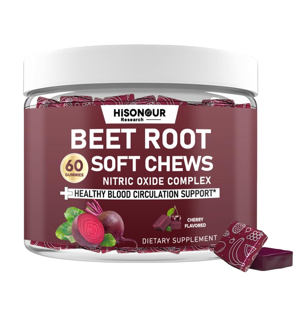 Beetroot Chews, Beet Root Soft Chews with Grape Seed, Pomegranate, Black Pepper, Vitamin C, B12, Nitric Oxide Supplement for Men & Women, Cherry Flavor, Sugar Free, 60 Chews