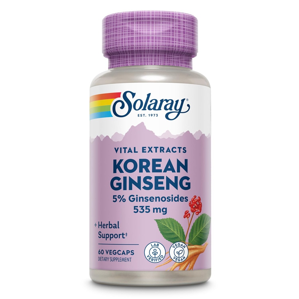 SOLARAY Korean Ginseng Root Extract - βοτανική υποστήριξη για περιστασιακό στρες, ενέργεια, και φυσική αντοχή - 5% Ginsenosides - Vegan, Lab Επαληθευμένο - 60 εξυπηρετούν, 60 VegCaps