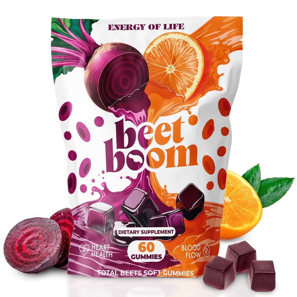 Orange & Beet Root Gummies – Nitric Oxide Booster for Energy & Circulation – Heart Health Beets Chews with Orange – Vegan Beetroot Supplement for Cardiovascular Support – Tasty Power Beet Chews