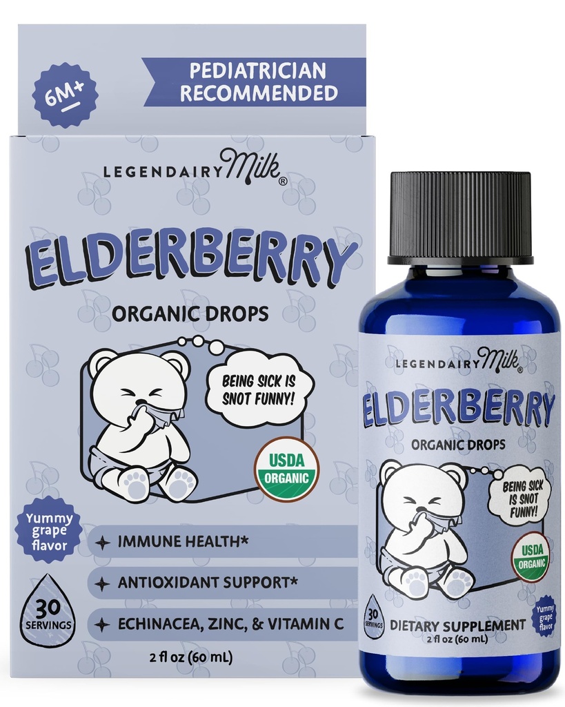 Legendairy Milk Elderberry Syrup Organic Liquid Drops for Babies & Toddlers, Immune Support Supplement Vitamin C, Zinc, Echinacea, Natural Baby Multivitamin Tincture Infant Immunity Kids 30 Servings