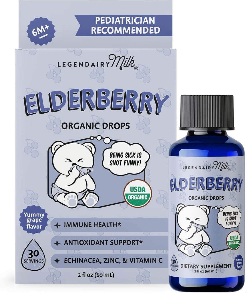 Legendairy Milk Organic Elderberry Drops - Βρεφική Πολυβιταμίνη με Echinacea, Βιταμίνη C & Ψευδάργυρο για Ανοσολογική Υποστήριξη - Ιδανική για Μωρά & Τοντάρια, Μη ΓΤΟ - 30 Σερβιέτες
