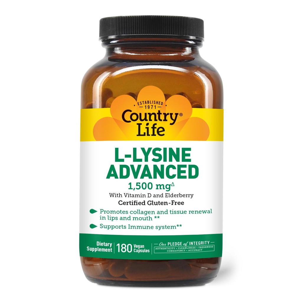 Country Life L-Lysine 1500mg Κάψουλες με βιταμίνη D & Elderberry – Προηγμένη Ανοσολογική Υποστήριξη και Ανανέωση Κολλαγόνου – Πιστοποιημένη Χωρίς Γλουτένη & Vegan – 180 Κάψουλες