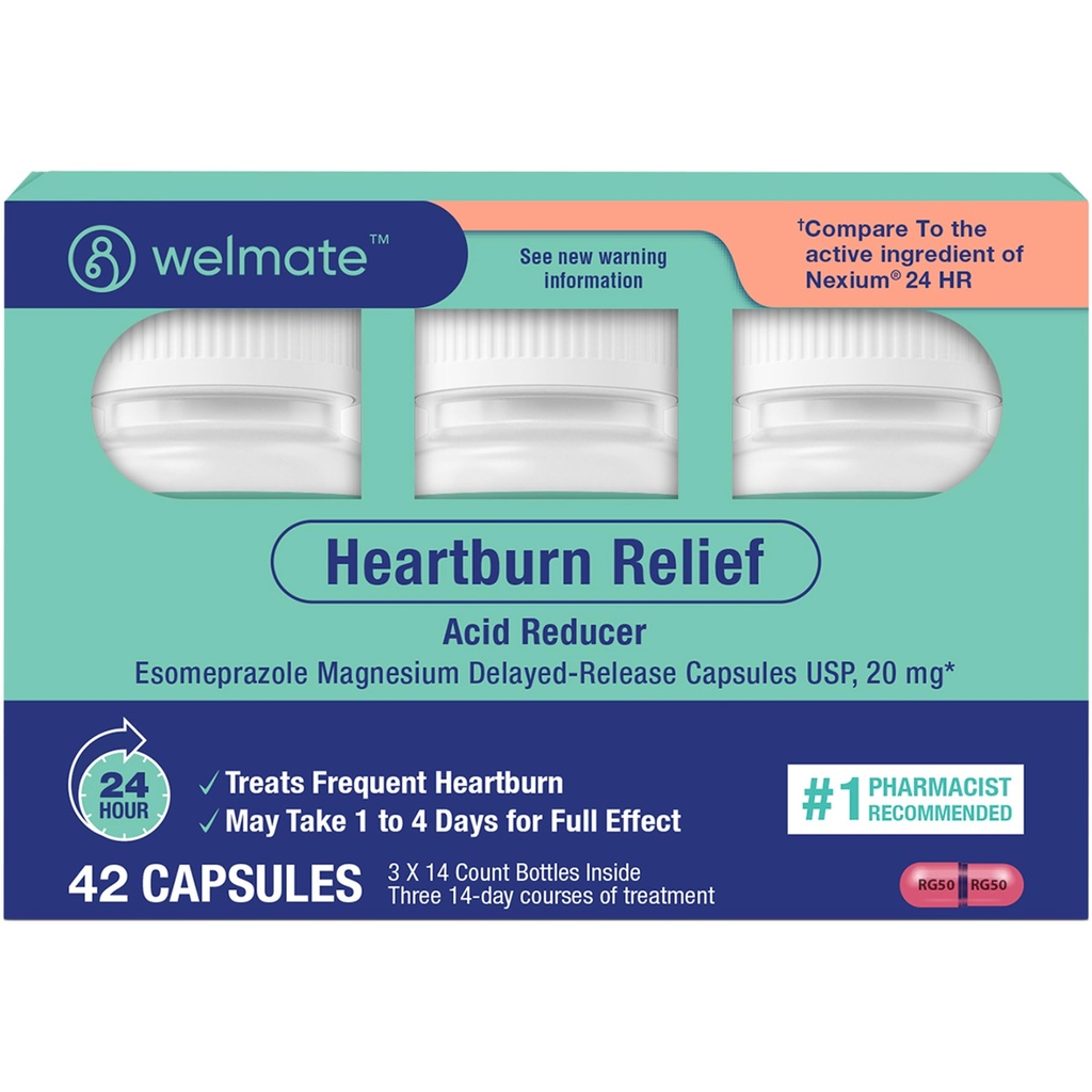 WELMATE Esomeprazole Magnesium 20mg Heartburn Medicine | Acid Reducer, Delayed Release Capsules, Acid Reflux Relief, 24-Hour Protection for Frequent Heartburn, 42 Capsules (6-Week Supply)