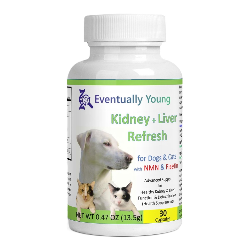 𝗘𝘃𝗲𝗻𝘁𝘂𝗮𝗹𝗹𝘆 𝗬𝗼𝘂𝗻𝗴 Cat Kidney Support for Dog & Cat with NMN & Fisetin - Super Phosphate Binder Kidney and Liver Supplement for Feline, Canine Healthy Aging & Longevity NAD+ (30 Caps)