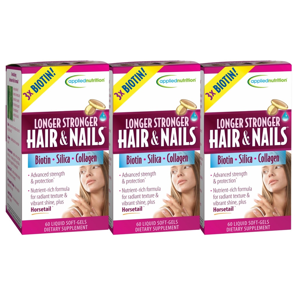Applied Nutrition Longer Stronger Hair & Nails - 60 Liquid Soft-Gels, Pack of 3 - Biotin, Silica & Collagen - 90 Servings