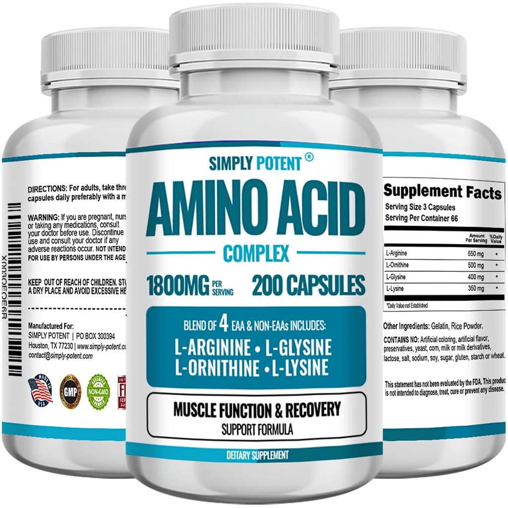 Simply Potent Amino Acid Complex 1800mg 200 Capsules, Blend of 4 Essential and Non Essential Amino Acids, Includes L-Arginine 550mg, L-Ornithine 500mg, L-Glysine 400mg & L-Lysine 350mg for Muscle