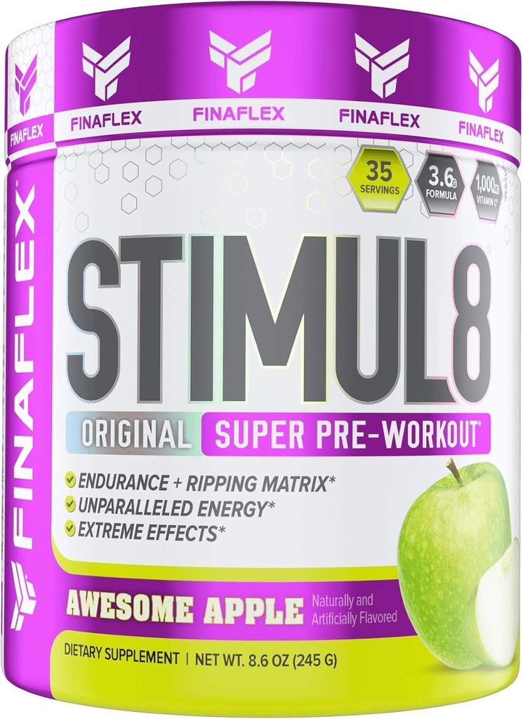 FINAFLEX STIMUL8 Original Super Pre-Workout, Awesome Apple - Ενέργεια, δύναμη και αντοχή για τους άνδρες και τις γυναίκες - με καφεΐνη, Βήτα-Αλανίνη & βιταμίνη C - 35 Σερβίρει