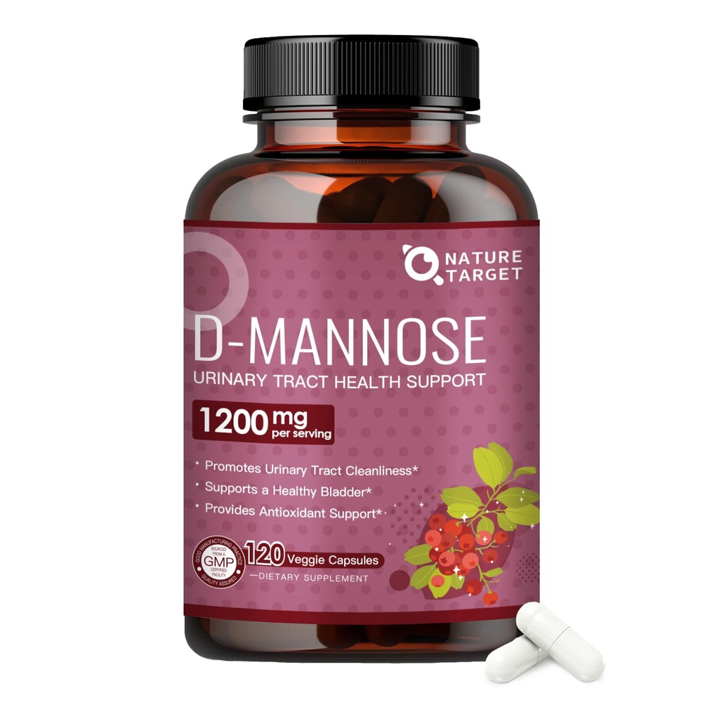 NATURE TARGET D-Mannose 1200mg - D Mannose Supplements for Women with Cranberry - Promotes Urinary Tract Health, Bladder Cleanliness & Antioxidant Support - Non-GMO, Gluten-Free & Vegan - 120 Capsules