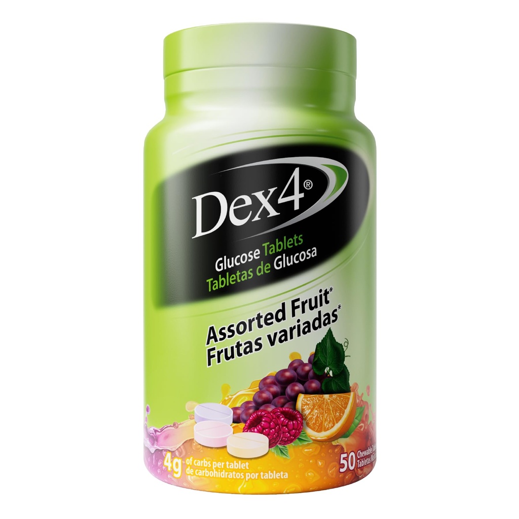 Dex4 Glucose Tablets, Fast Acting Glucose, 4g Pre-Measured Glucose per Tablet, Fat-Free, Gluten-Free, Assorted Fruit, 50 Tablets per Bottle, 12-Pack (600 Units)