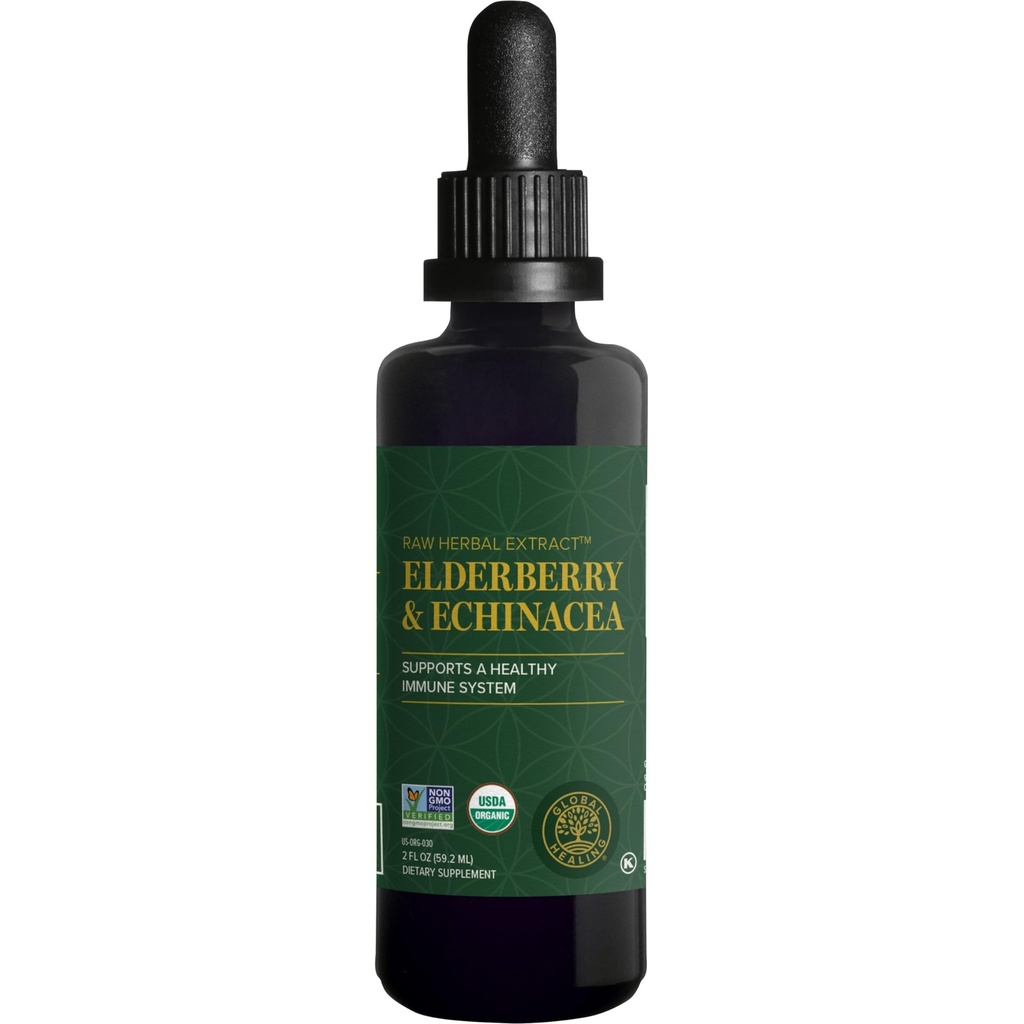 Global Healing USDA Organic Elderberry & Echinacea Liquid Supplement Tincture | Antioxidant Immune Support Against Harmful Organisms for Adults and Kids, Vegan, Non-GMO, 1-Month Supply (2 Oz)