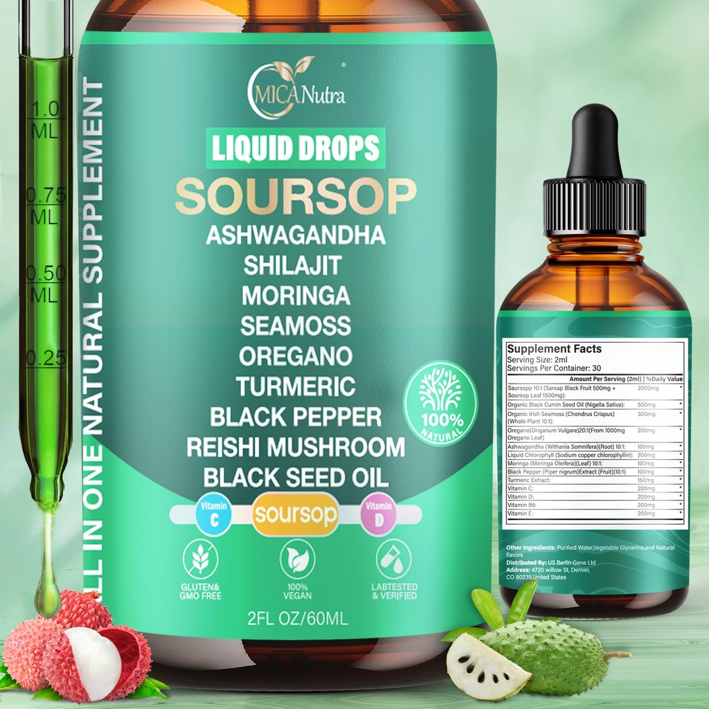 Soursop Bitters Liquid Drops 3000mg, with Ashwagandha* Shilajit* Mushroom, Moringa, See Moss,Oregano for Natural Antioxidant, Cell Support & Regeneration, Immune Boost