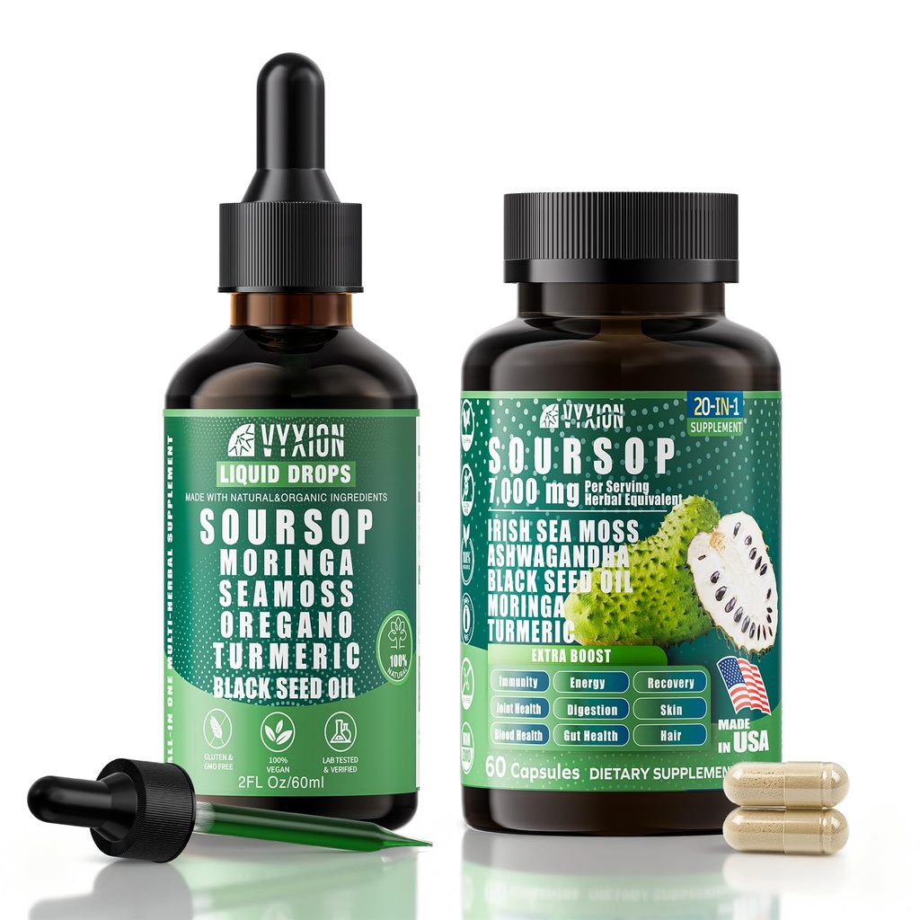 Soursop Bitters Bundle Liquid & Capsule, Sea Moss, Moringa, Turmeric, Black Seed Oil, Oregano, Ashwagandha | Herbal Extracts for Overall Health-Enhancing | Vegan, Non-GMO