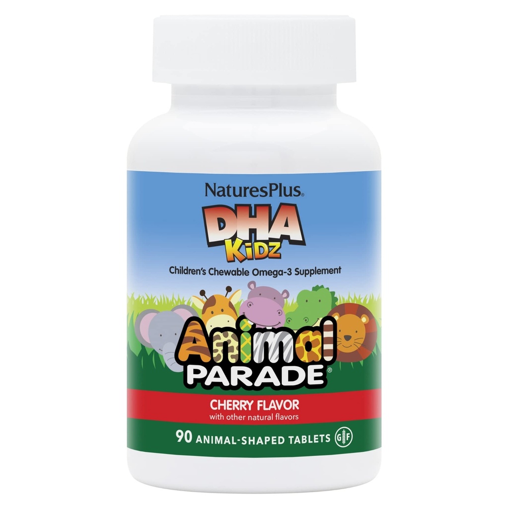 NaturesPlus Animal Parade DHA Children's Chewables - Natural Cherry Flavor - 90 Chewable Animal-Shaped Tablets - Omega 3 Fatty Acid Supplement - Gluten Free - 30 Servings